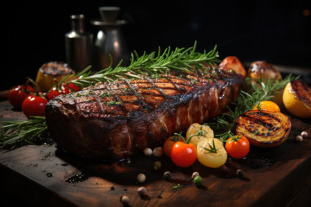 Grilled pork steak of a summer barbecue served with vegetables, asparagus, carrots, fresh tomatoes and spices. Grilled steak on the wooden board on thの素材