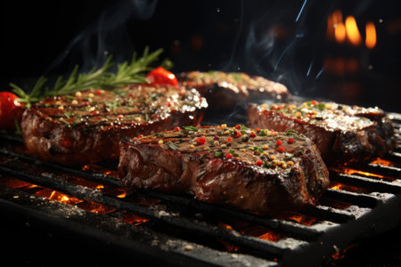 Pork or beef grilled steaks with pepper and salt are falling on the black background barbecue..., generative AIの素材