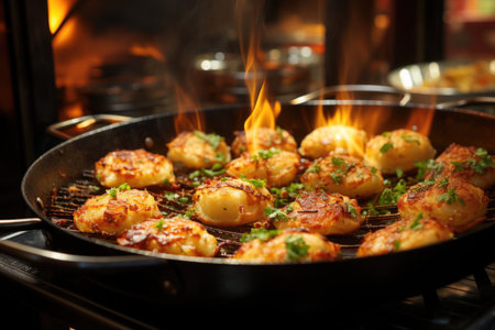 Codfish balls being fried in a bustling street stall in Lisbon., generative AIの素材
