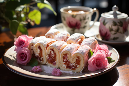 Roll cake cut into thin slices in an afternoon tea in Pernambuco, with flowers on the table., generative AIの素材