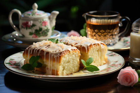 Roll cake cut into thin slices in an afternoon tea in Pernambuco, with flowers on the table., generative AIの素材