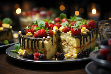 Green corn cake decorated with flags in a June party inside., generative AIの素材