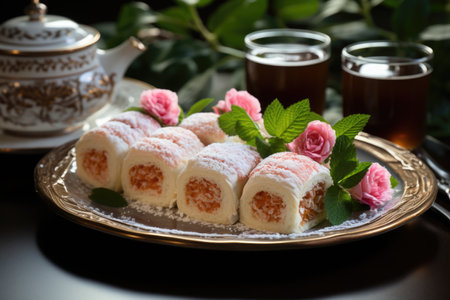 Roll cake cut into thin slices in an afternoon tea in Pernambuco, with flowers on the table., generative AIの素材