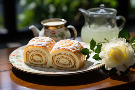 Roll cake cut into thin slices in an afternoon tea in Pernambuco, with flowers on the table., generative AIの素材