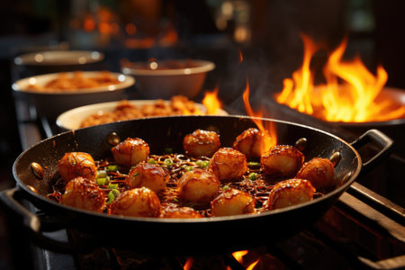 Codfish balls being fried in a bustling street stall in Lisbon., generative AIの素材