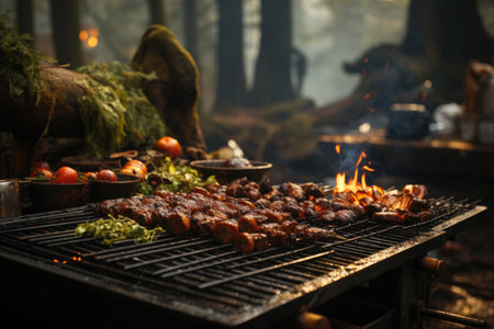Succulent deer meat barbecue, burning wood and a rustic barbecue in a clearing in the forest., generative AIの素材