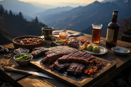 Grilled buffalo meat, mountainous landscape and a picnic at the top of a hill., generative AIの素材