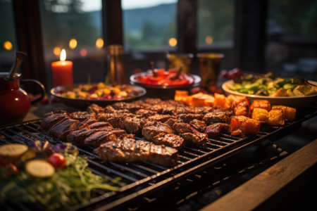 Succulent meats on the grill, bright flames and a barbecue by a quiet lake in a wooden cabin., generative AIの素材