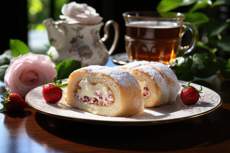 Roll cake cut into thin slices in an afternoon tea in Pernambuco, with flowers on the table., generative AIの素材