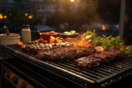 Succulent meats on the grill, charcoal barbecue and a sunny afternoon with the neighbors., generative AIの素材