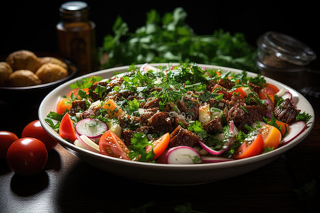 Hamburger Meat Tomato onion Salad Cut, generative AIの素材