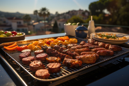 Succulent meats on the grill, blue sky and an afternoon of barbecue on the terrace with a fountain of water., generative AIの素材
