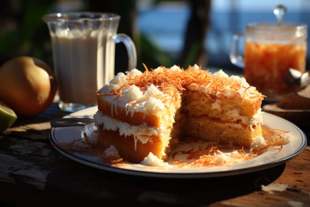 Tapioca cake with grated coconut in a breakfast by the beach in Maceiの素材