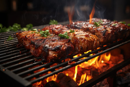 Grilled meat in scorching flames on the general metal grill, generative AIの素材