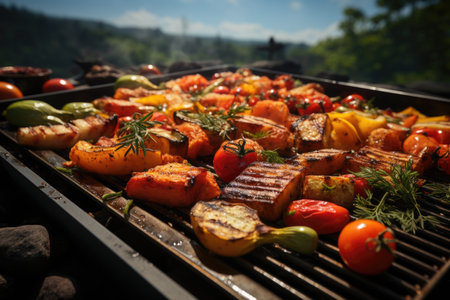 Succulent meats and vegetables on the grill, fragrant smoke and a summer afternoon with blue sky., generative AIの素材