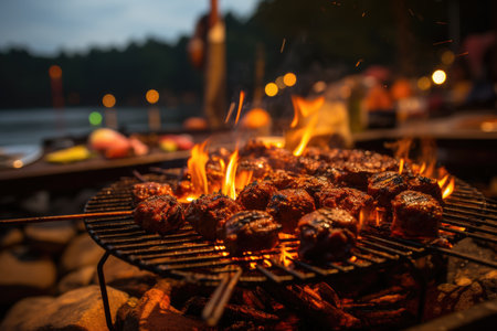 Succulent meats on the grill, bright flames and a barbecue by a quiet lake in a wooden cabin with candle lights., generative AIの素材