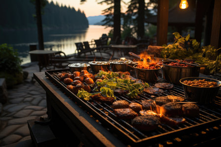 Succulent meats on the grill, bright flames and a barbecue by a quiet lake in a wooden cabin with candle lights., generative AIの素材