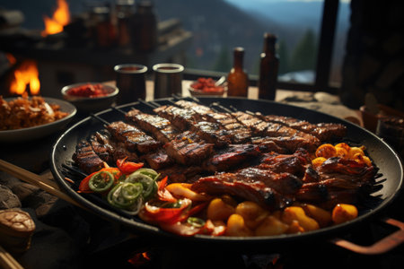 Marinated deer meat barbecue, high flames and rustic mountain lunch with panoramic view., generative AIの素材