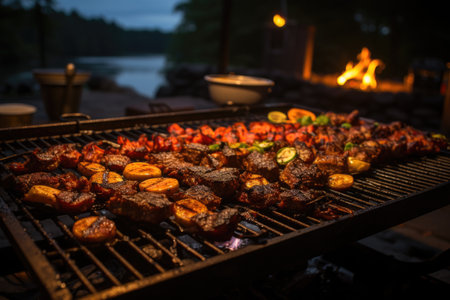 Succulent meats on the grill, bright flames and a barbecue by a quiet lake in a wooden cabin., generative AIの素材
