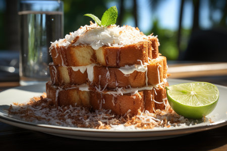 Tapioca cake with grated coconut in a breakfast by the beach in Maceiの素材