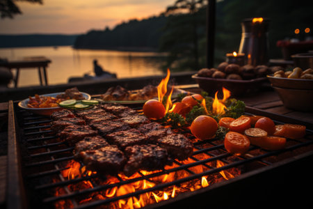 Succulent meats on the grill, bright flames and a barbecue on the edge of a quiet lake., generative AIの素材