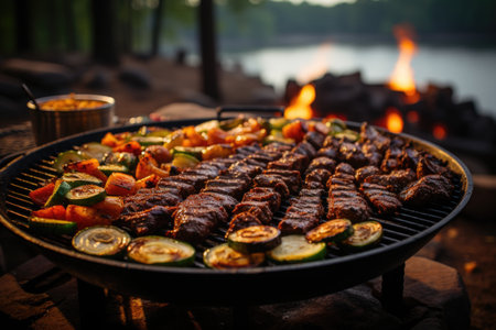 Succulent meats on the grill, bright flames and a barbecue on the edge of a quiet lake., generative AIの素材