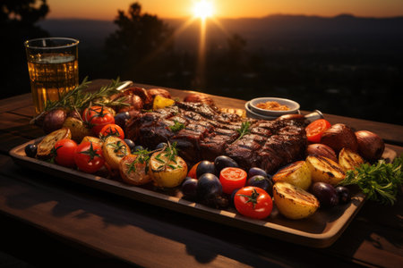 Fried meat served with grilled vegetables, onion and rosemary sprig, generative AIの素材
