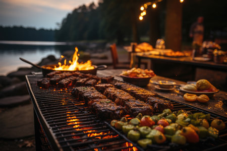 Succulent meats on the grill, bright flames and a barbecue by a quiet lake in a wooden cabin., generative AIの素材