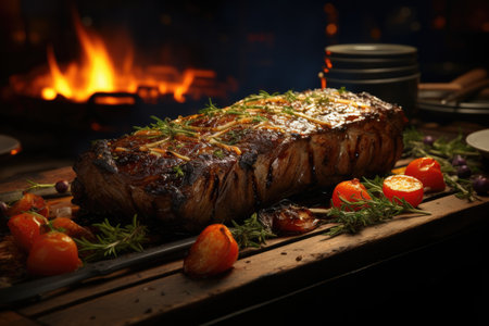 Bright flame gourmet loin steak perfectly generated by, generative AIの素材