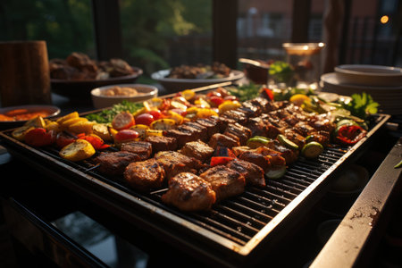 Succulent meats on the grill, charcoal barbecue and a sunny afternoon with the neighbors in the neighborhood., generative AIの素材