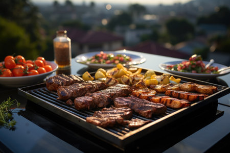 Succulent meats on the grill, blue sky and an afternoon of barbecue on the terrace with a fountain of water and sun loungers., generative AIの素材