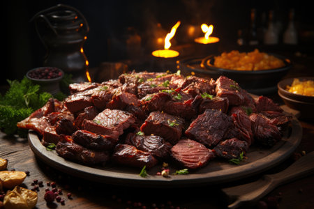 Traditional chopped beef barbecue smoked meat from the scrubbed with spices and, generative AIの素材