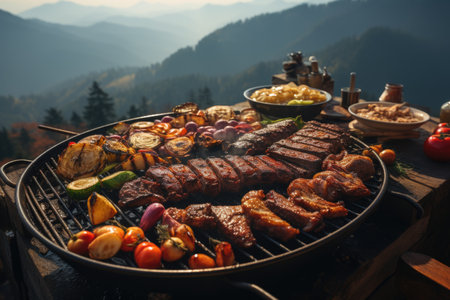 Bisignment meat barbecue, aromatic smoke and outdoor lunch in a mountain with panoramic view., generative AIの素材