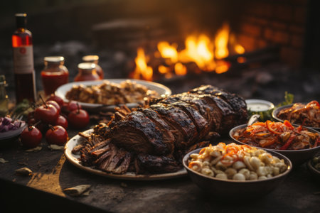 Marinated rabbit barbecue, bright flames and an outdoor lunch in the winery., generative AIの素材