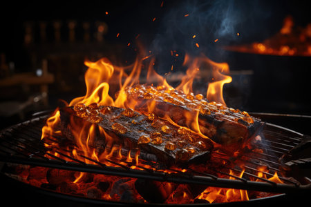 Hot empty steel barbecue with fire on fire and smoke on a black background ready to..., generative AIの素材