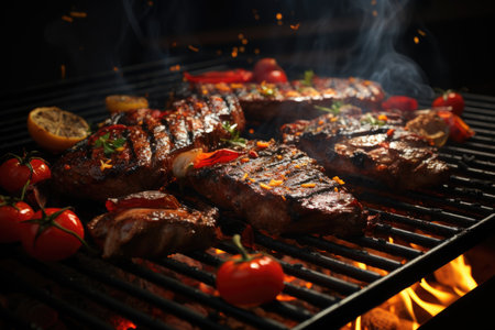 Bright charcoal barbecue grilling grilled fresh steak generated by, generative IAの素材