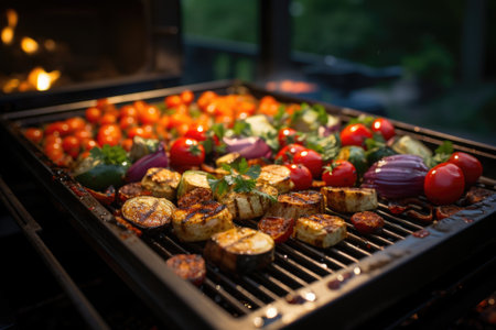 Vegetarian barbecue with grilled vegetables, soft music and a quiet night in the garden., generative AIの素材