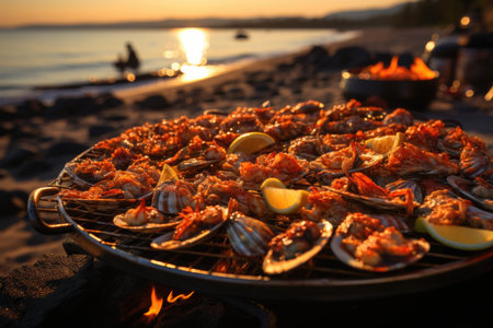 Fresh seafood barbecue, ocean breeze and a golden sunset on the beach., generative AIの素材