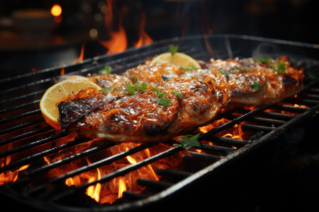 Close-up of seafood grilled fish with salt on the grill fire and smoke, generative AIの素材