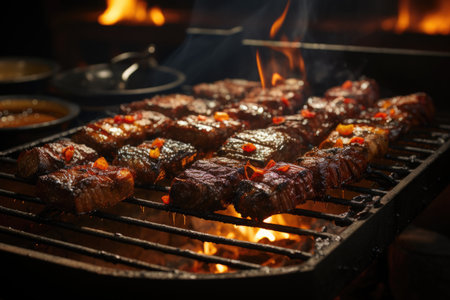 Roasted picanha barbecue on the egg spit is widely consumed throughout Brazil, generative IAの素材