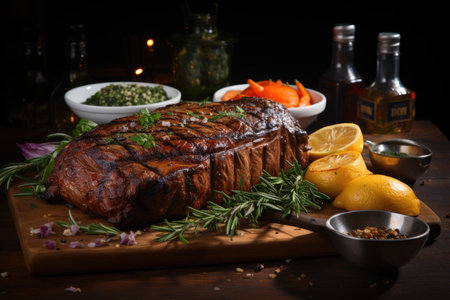 Porterhouse Steak Steak T-Boned Sliced with a large piece of fillet with herbs and salt steak, generative IAの素材