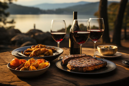 Grilled pork chops, red wine and a romantic lunch by a lake., generative AIの素材