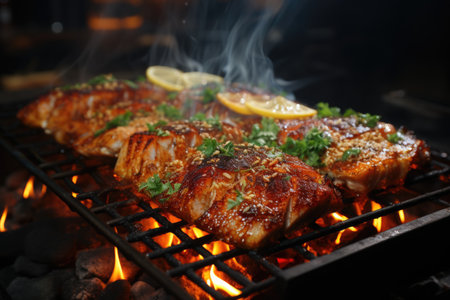 Close-up of seafood grilled fish with salt on the grill fire and smoke, generative AIの素材