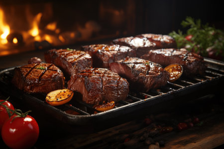 Traditional Brazilian Picanha Barbecue with Blurious Restaurant in the Fund, generative AIの素材
