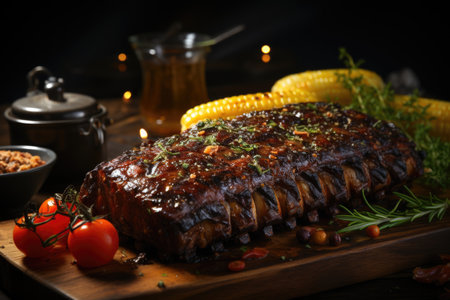 Grill barbecue ribs with sweet corn and ketchup on the wooden table, generative AIの素材