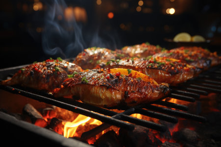 Close-up of seafood grilled fish with salt on the grill fire and smoke, generative AIの素材