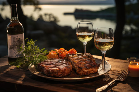 Grilled pork chops, red wine and a romantic lunch by a lake., generative AIの素材
