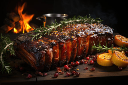 American food concept. Grilled pork ribs with grilled sauce, with smoke, spices and rosemary. Background image. Copy the space, generative AIの素材
