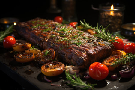 Grilled meat coast with tomato mushroom eggplant and rosemary on board, generative AIの素材