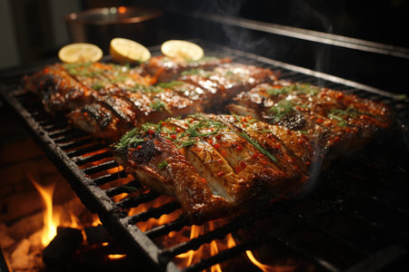 Close-up of seafood grilled fish with salt on the grill fire and smoke, generative AIの素材